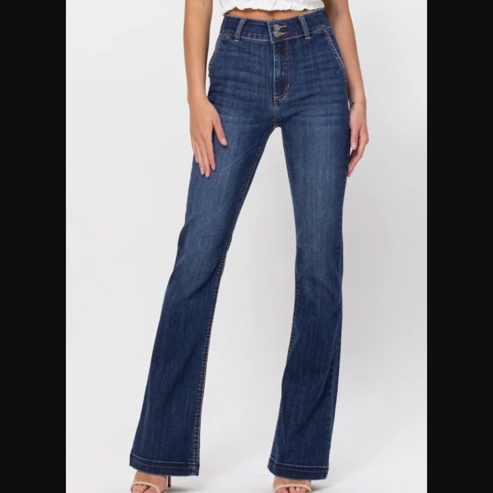 Cello Dark Blue High-Rise Flare Wide Leg Jeans